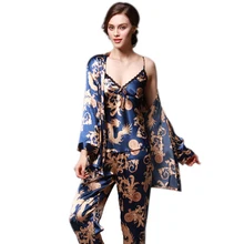 Женские пикантные подражали шелковой ткани пижамы комплект для женские с цветочным принтом весна лето осень пижамы для сна
