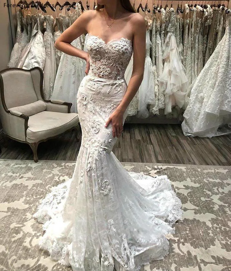 Gorgeous Lace Mermaid Wedding Dresses Elegant Sweetheart Illusion Bodice Appliqued Lace Bridal Gowns Summer Boho Robe de mariee BC1056  179 (2)