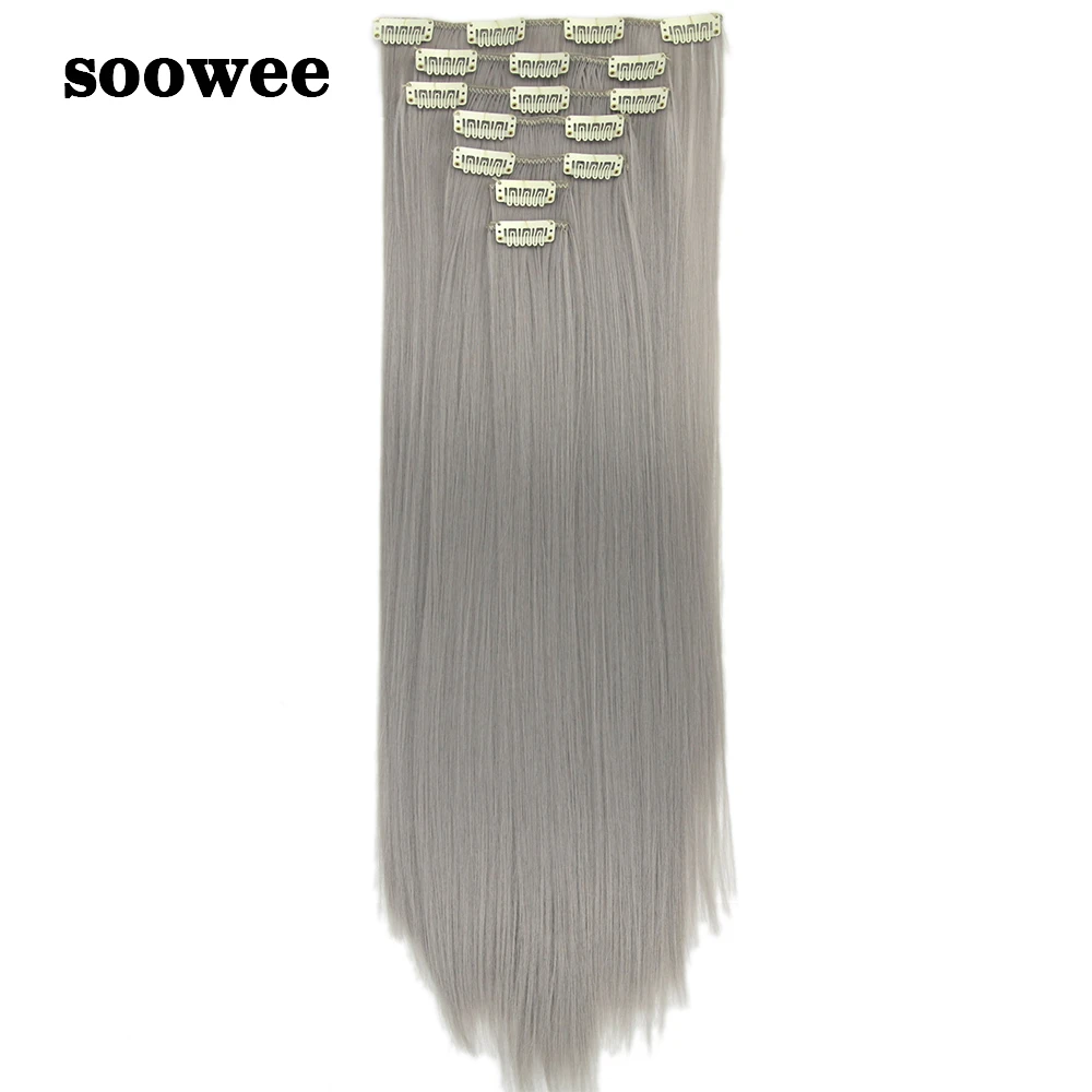 Soowee 2" длинные прямые волосы из высокотемпературного волокна синтетические волосы блонд серый Мега волосы на заколках для наращивания на всю голову