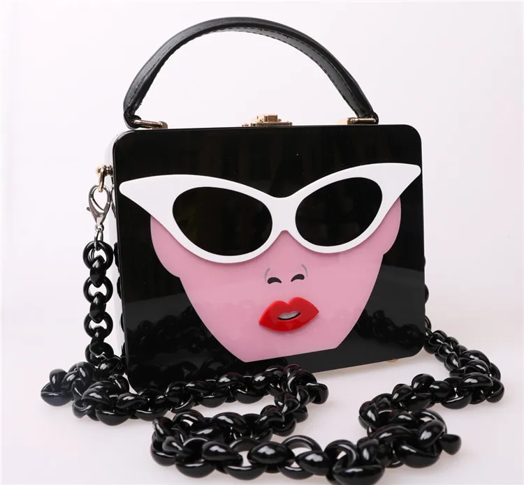 Брендовая модная новинка, Женский акриловый клатч, Новая вечерняя сумочка, маленькая мультяшная сумка почтальонка, стеклянная дамская сумочка, женская сумка на плечо - Цвет: acrylic chain black