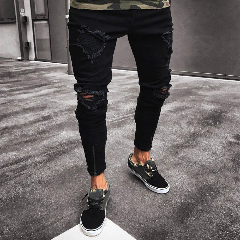 Men's Pants Compression Leggings Slim Biker Zipper Denim Jeans Skinny Frayed Pants Distressed Rip Trousers Hip Hop Streetwear