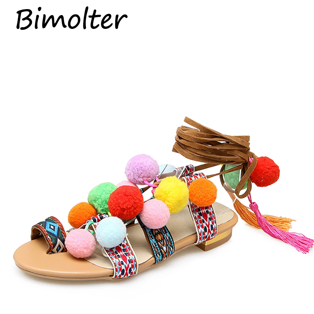 

Bimolter Ethnic Rome Gladiator Sandals Women Lace up Knee High Summer Colorful Pompon Cross Tied Flats Plus Size 32-43 PSEB008