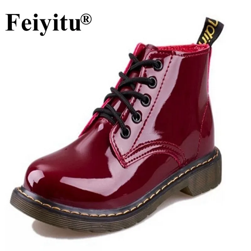 

Feiyitu Plus Size 35-40 Botas Patent Leather Boots Women School Style Lace Up Shoes For Girls Red Black Motorcycle Ankle Boots