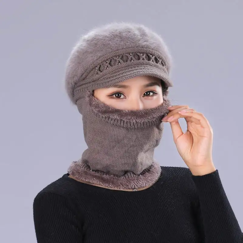 

GBCNYIER Mother's Autumn And Winter Rabbit Fur Knit Hat Keep Warm Face And Neck Women Hat New Year Gift Birthday Christmas Gift
