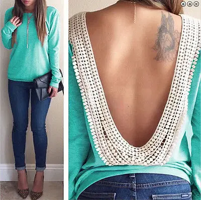 

Backless Summer Fashion Women Casual Lace T Shirt Green Black Gray Long Sleeve Tee Shirts Tops Size S-XL