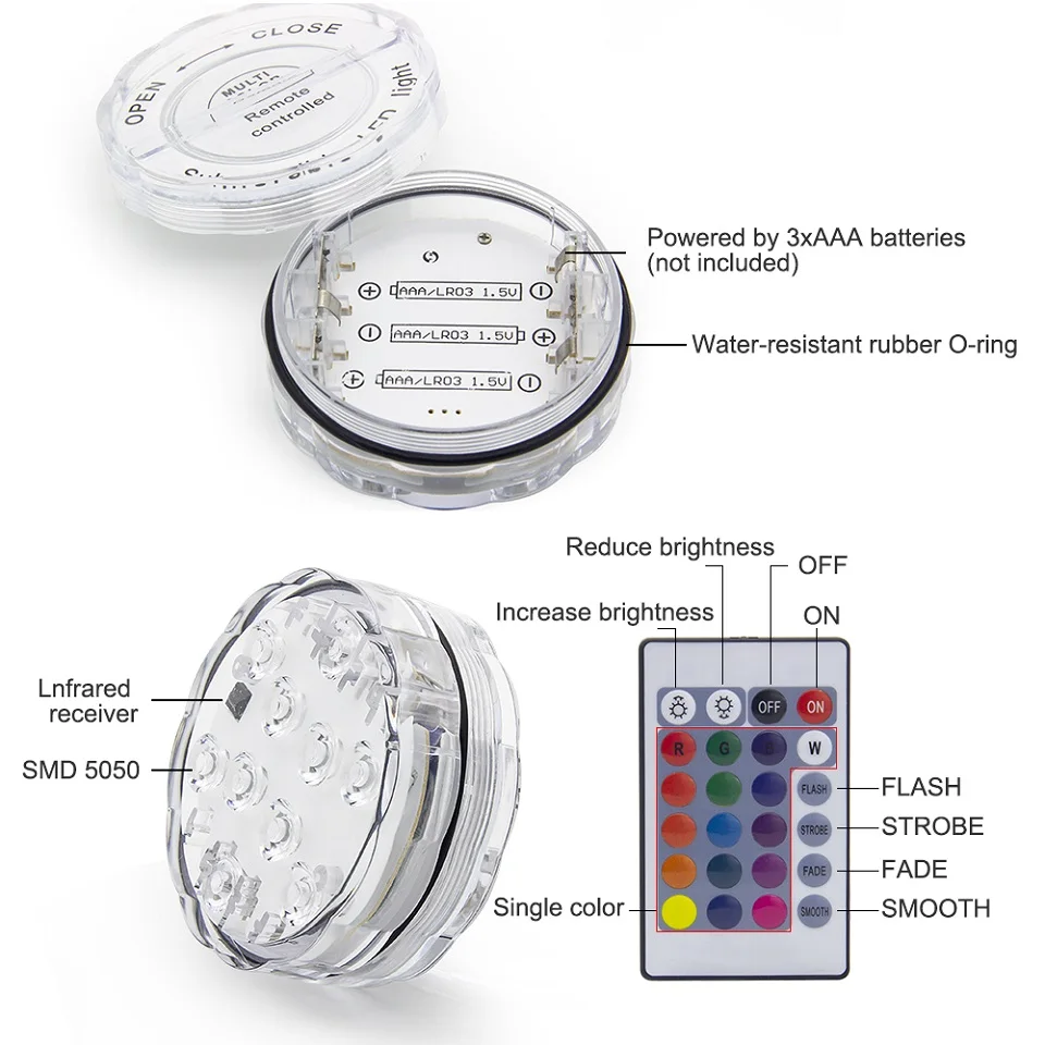 10 водостойкий, светодиодный, rgb аккумулятор с дистанционным управлением, погружной светодиодный светильник для аквариума и вечерние украшения
