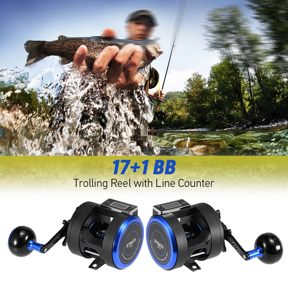 

Line Counter Fishing Reel 17+1BB 5.6:1 Trolling Reel Left / Right One-way Clutch Bait Fishing Reel with Digital Display
