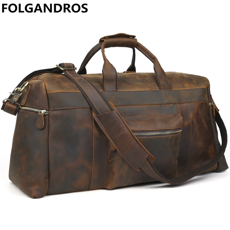 

Men Fashion Vintage Travel Bag Genuine Leather Travel Duffle Large Capacity Cowhide Luggage Bag Office Trip Portable Duffle Tote