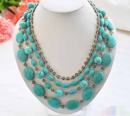 

song voge gem nanJ0699 4row blue turquoise faceted smoky quartz bead necklace