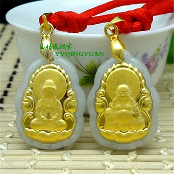 

3D gold inlaid with natural jade Guanyin Buddha pendant e31#