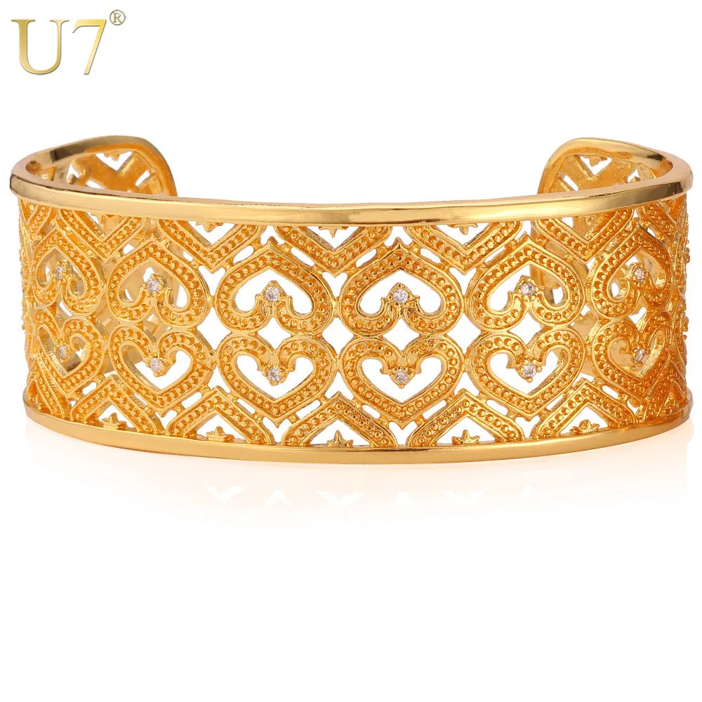

U7 Heart Pattern Cuff Bracelet Gold/Silver Color Zirconia Jewelry Romantic Women Gift Round Bracelet Bangle H579