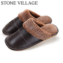 Plus Size 35-44 Genuine Leather Warm Winter Home Slippers Non-Slip Thick Warm House Shoes Cotton Women Men Slippers 5 Colors