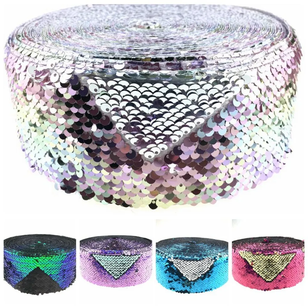 

3"75mm Double Color Reversible Sequin Ribbon Gold with Silver 50yards/roll Pink Hologram DIY Hair Bowknots Gift Packing