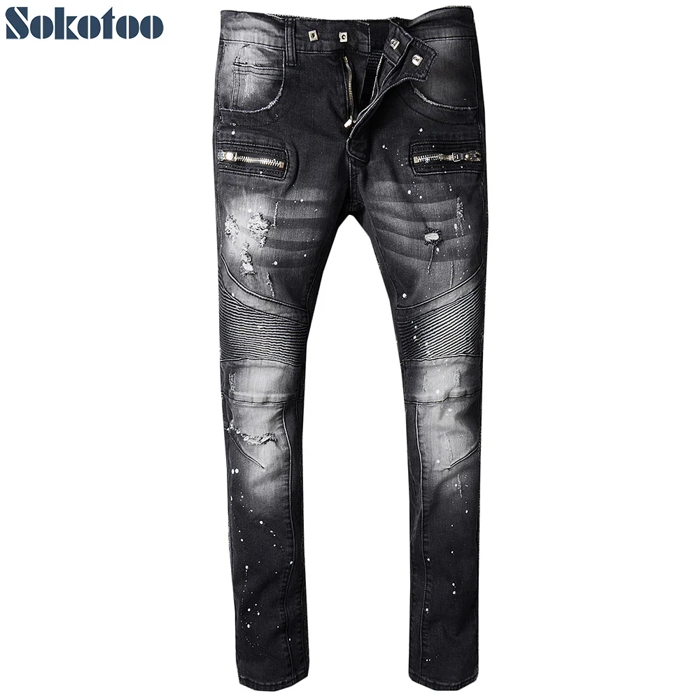 Sokotoo Для мужчин черный роспись рваные байкерские джинсы для moto Повседневное slim fit stretch distressed джинсы
