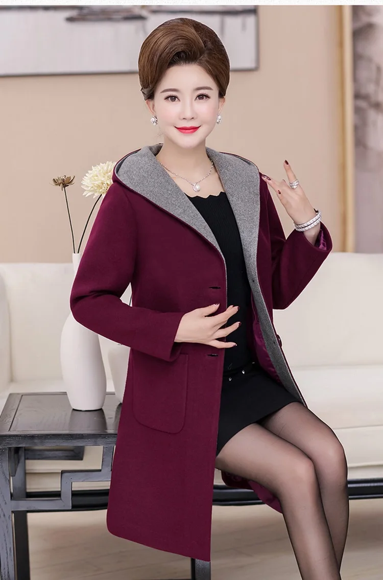 Autumn Winter Woolen Coat Women Hooded New Middle-aged Mother Clothes Long Slim Wool Coat Womens windbreaker Plus Size coat 5XL