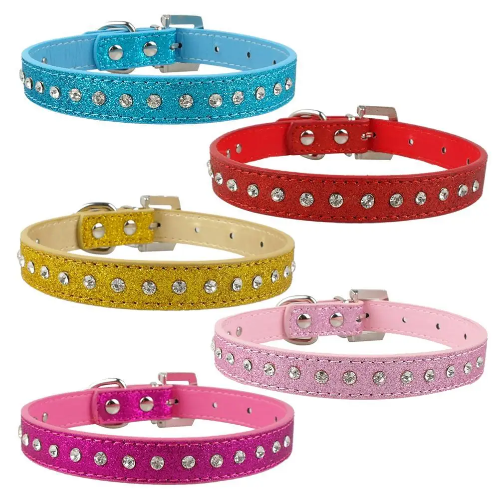 Pink Color 1 Row Rhinestone Dog Collar Diamante Crystal Pet Cat kitten Collars Pu Leather XS S M