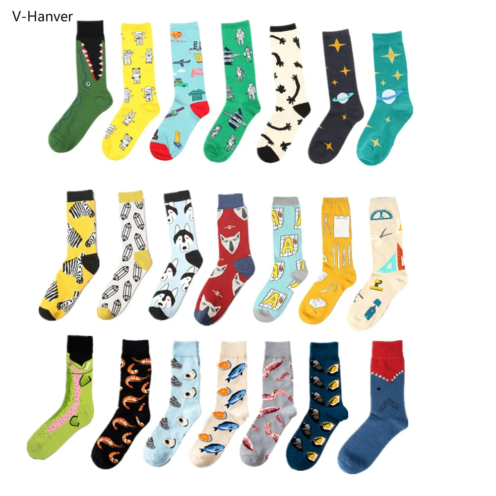 

Best 1 Pair Men Socks Combed Cotton Cartoon Robot Animal Cat Dog Bird Shark Zebra Sea Food Geometric Novelty Funny Women Socks