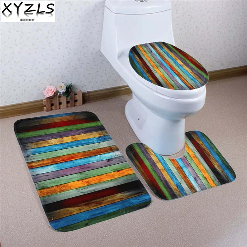 XYZLS 3 шт. в пасторальном стиле, полосатый Противоскользящий коврик для ванной, коралловый бархатный коврик для унитаза, три комплекта коврика для ванной