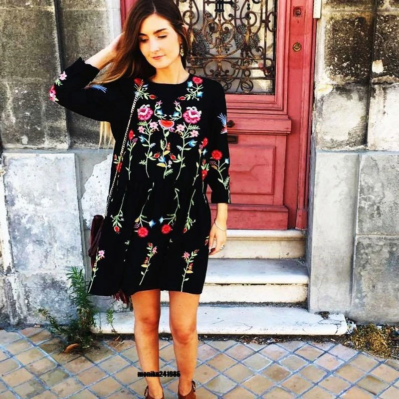 negro moda suelto floral larga o cuello Primavera Verano 2019 elegante mujer vestidos ropa|dress loose|clothing fashionfashion clothing - AliExpress