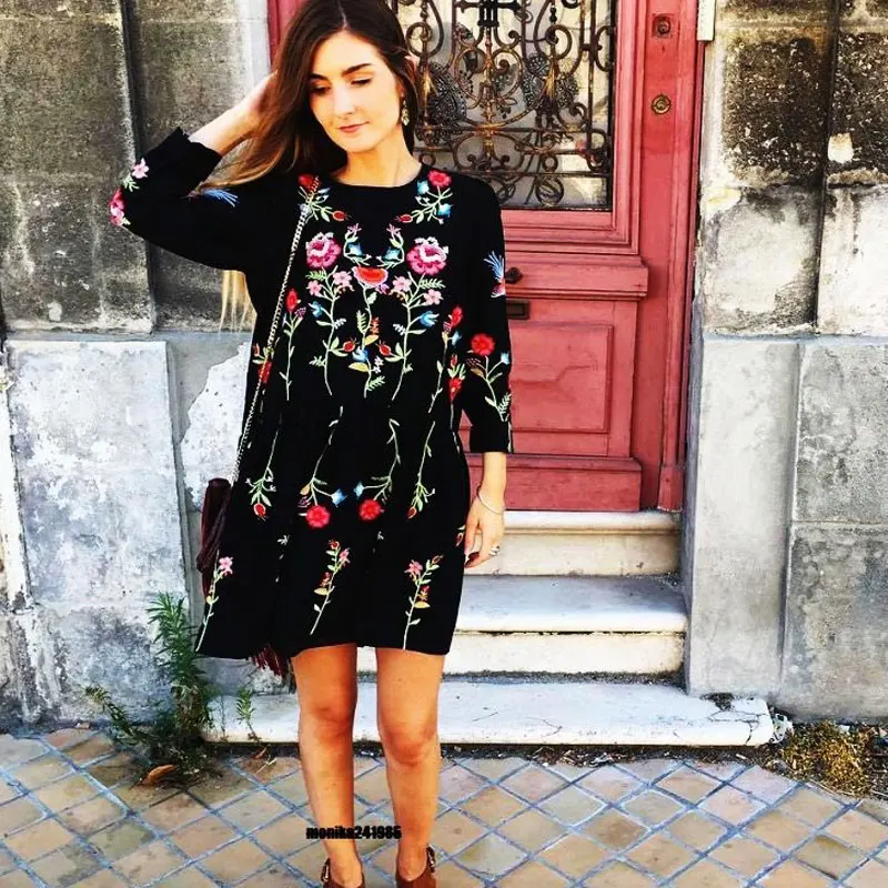 Buy Cheap black dress fashion style loose floral embroidered long sleeve O-neck Spring Summer 2017 elegant women dresses vestidos clothing