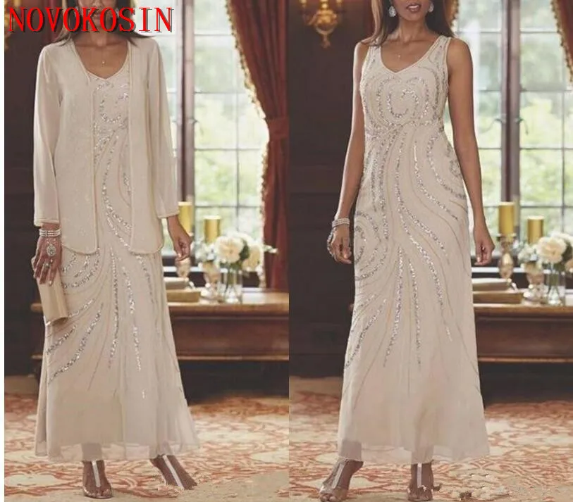 2019 Chiffon Moeder Jurken Twee Stukken Kralen Bruiloft Gast Enkellange Moeder Van de Bruid Jurken Met Lange Mouwen jas 2019 Chiffon Moeder Jurken Twee Stukken Kralen Bruiloft Gast Enkellange Moeder Van de Bruid Jurken Met Lange Mouwen jas