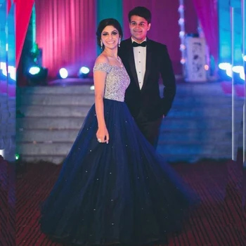 

Elegant Navy Blue Prom Gown Beaded Tops A Line Floor Length Dress for Wedding Party Graduation Robe De Soiree