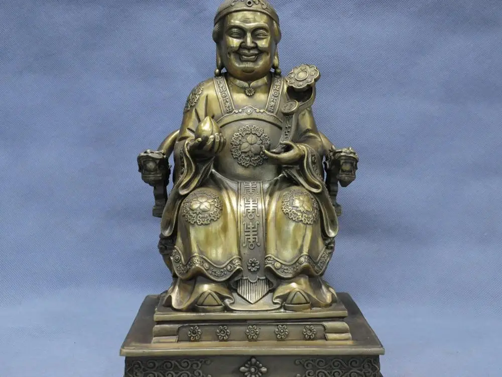 

13'' China Old Lady God of Longevity Mammon Ruyi Peach Bronze Statue