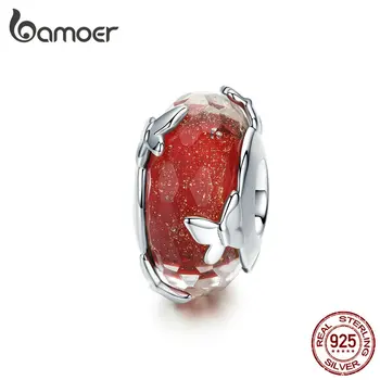 

bamoer Red Murano Glass Beads 925 Sterling Silver Butterfly Charm for Snake Bracelet and Bangle DIY Jewelry Accessories SCC1256