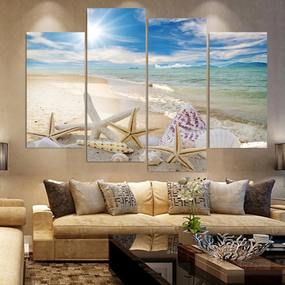 HD Wall Modern Canvas Printed Art Framework Pictures 4 Pieces Sand Beach Shell Starfish Seascape Paintings Home Decor Posters | Дом и сад