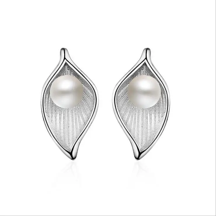 

High quality fashion imitation pearl leaf flower cheap female 925 sterling silver ladies`stud earrings jewelry wholesale gift