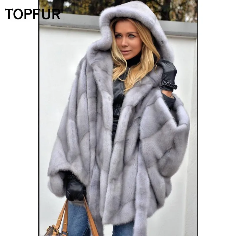 TOPFUR, Новое поступление, однотонное натуральное меховое пальто для женщин, натуральное серое Норковое меховое пальто с капюшоном, однотонное, рукав летучая мышь, теплое, Норковое