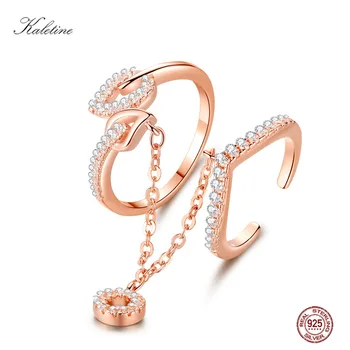 

KALETINE 925 Sterling Silver Love Rings Set for Women With CZ Pendant Chain Rose Gold Heart Wedding Rings Sets Jewelry Bridal