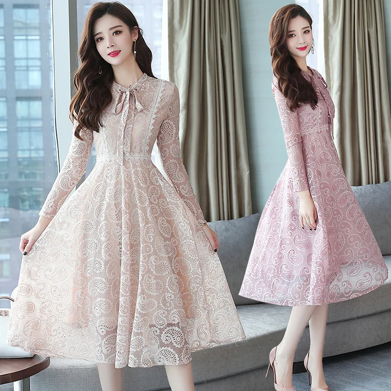 

2019 spring and autumn new large size retro lace midi dress women's lady temperament dress