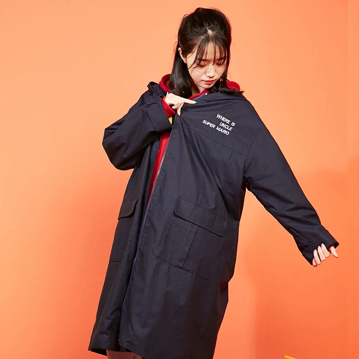 

Autumn Winter Women Long Trench Coat Hooded Outwear Blue Cartoon Letters Embroidery Casual Loose Hooded Windbreaker Overcoat