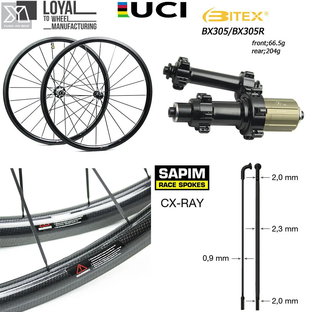 Discount Super Light Weight Carbon Fiber 700C Road Bike Wheel Aero Cycling Wheelset with BITEX 305F 305R Straight Pull Hub Sapim CX Ray 0