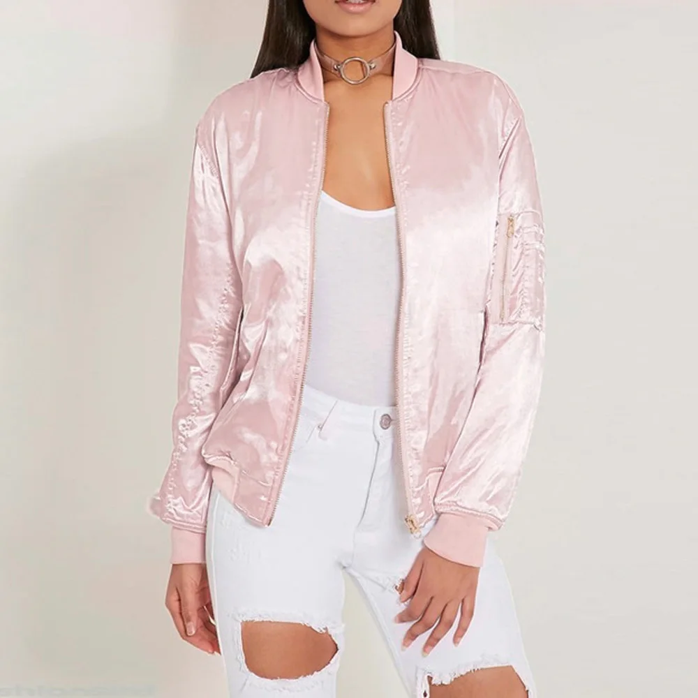 Cute Girls Pink Zipper Bomber Jacket Women Basic Coats Ladies Satin Winter Coat Top Long Sleeve Stretchy Surcoat Outwear S-XXL