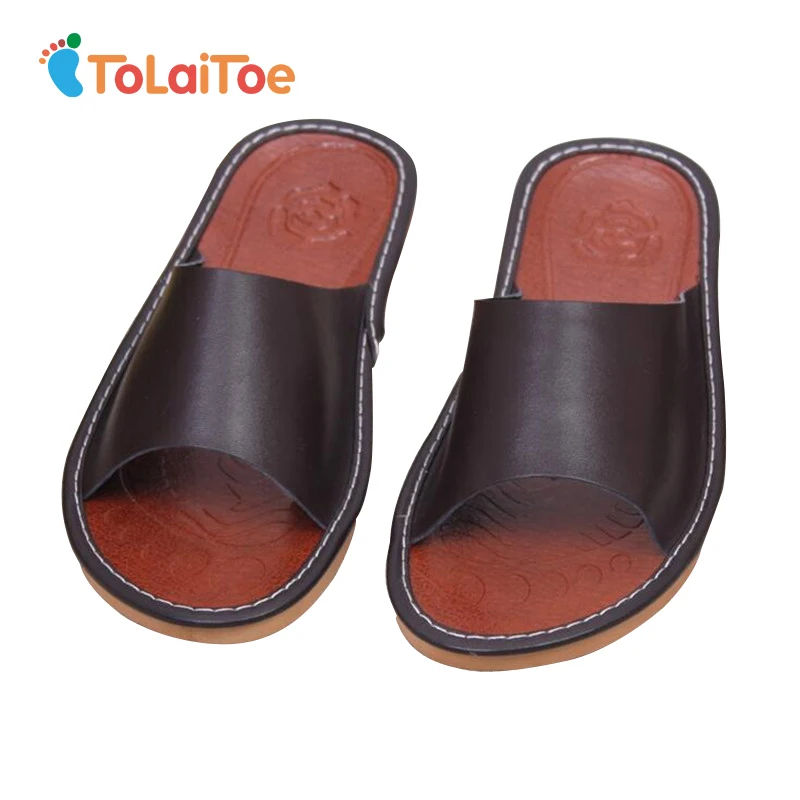 

ToLaiToe Summer Men's Cool Breathable Genuine Leather Slipper Female Genuine Sweat Indoor Anti-slip Soft Couples Slipper Shoes