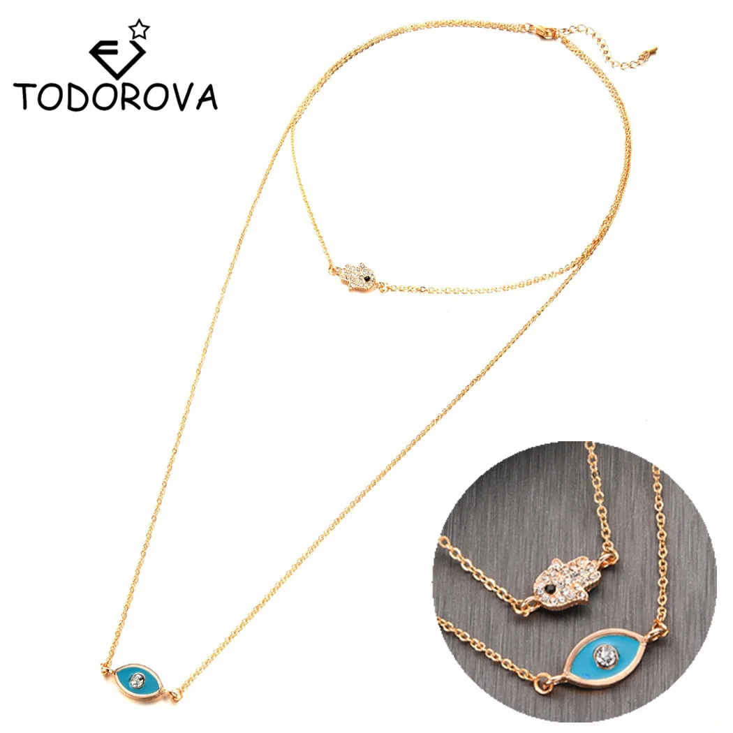 

Todorova New Layered Necklace Bohemia Blue Eye Hamsa Hand Pendant Multi Layer Necklaces for Women Collier Boho Jewelry