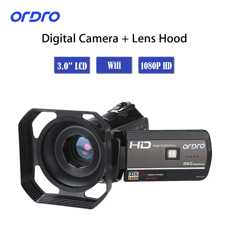 

ORDRO HDV-D395 3.0" Touch LCD Screen 1920*1080 Wifi Digital Video Camera Handheld Camcorder DVR 18xZoom Recorder + Lens Hood