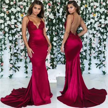 

Sexy Mermaid Evening Dresses Long Spaghetti Strap V Neck Backless Sweep Train Appliques Party Prom Dresses Formal Gowns