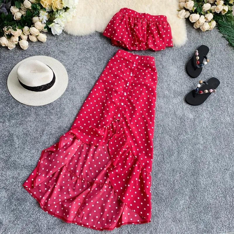 Повседневные женские шифоновые длинные юбки в горошек комплект из 2 предметов богемные топы с открытыми плечами+ оборки Длинная пляжная юбка вечерние наряды - Color: Red