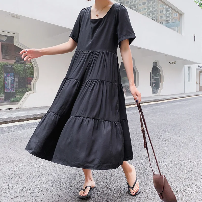 

Johnature Solid Color Summer Dress Short Sleeve Casual Mid-calf Length 2019 New Clothes Square Collar Loose Lace Women Dress