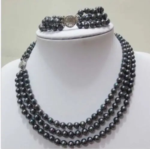 

hot sell new - shitou 00522 NEW Noblest 3 row 8-9MM black pearl necklace bracelet set