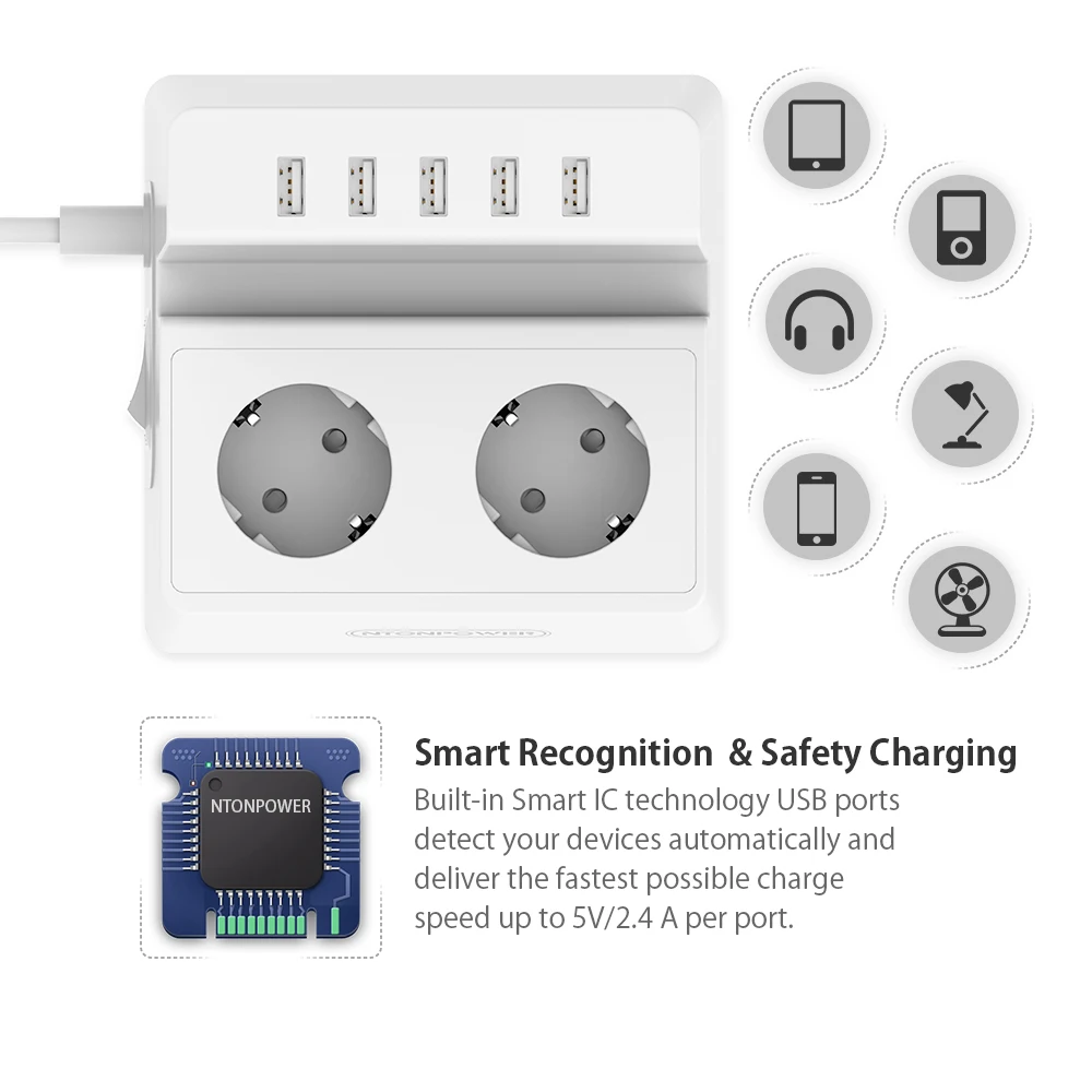 Удлинитель NTONPOWER с 2 розетками переменного тока 5USB портов|outlet extension|ac outletpower socket |