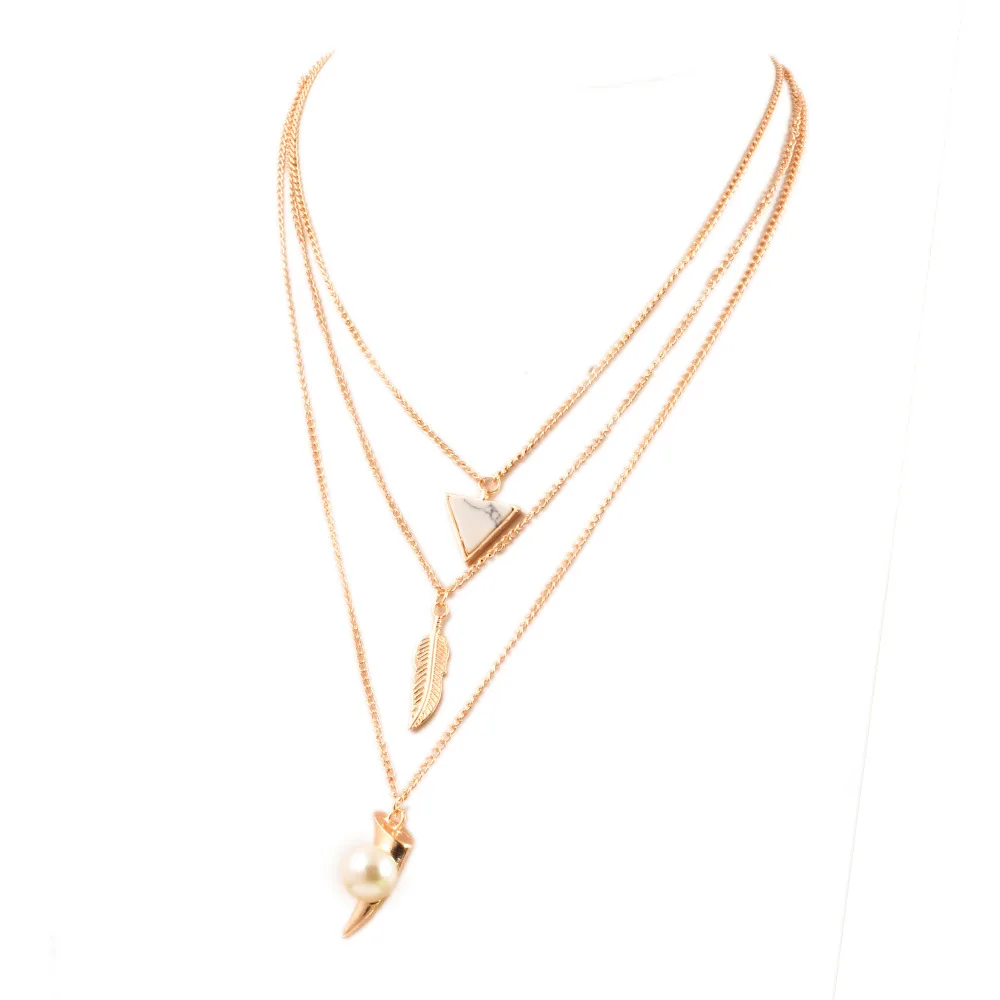 

New Hot Fashion Gold-Color Simple 3 Layer Chain Bar Necklace Beads and Long Strip Leaf Pendant Necklaces Jewelry