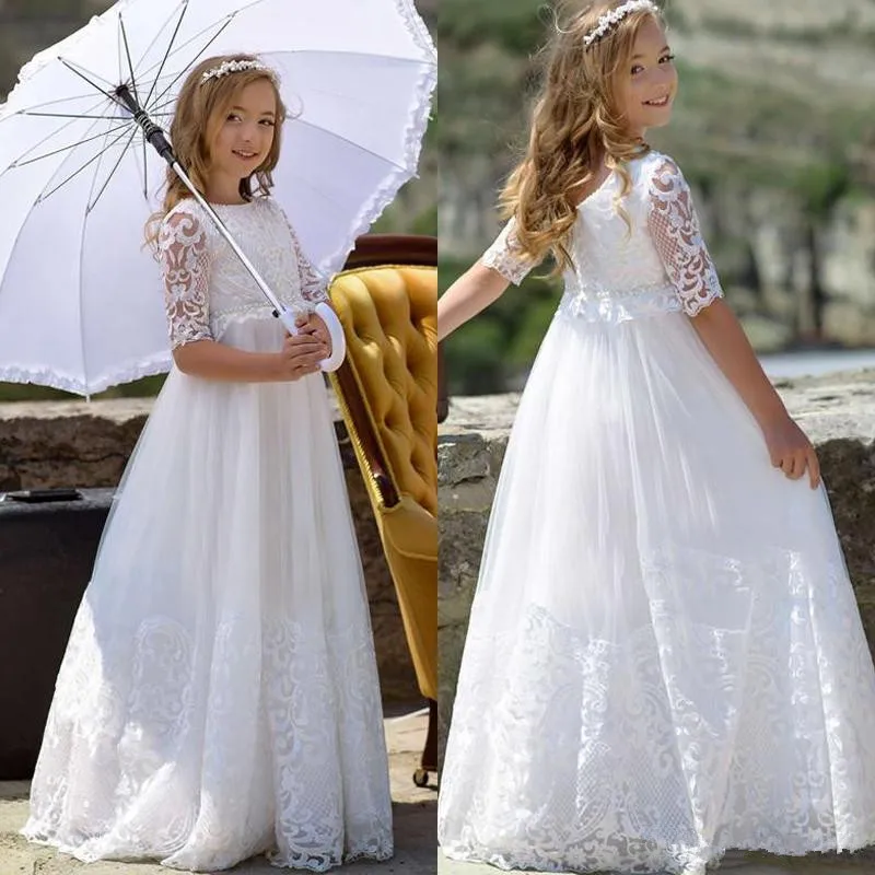 

White Puffy Lace Flower Girls Dresses 2019 A Line Half Sleeves Sheer Neck Girls Birthday Party First Communion Dress