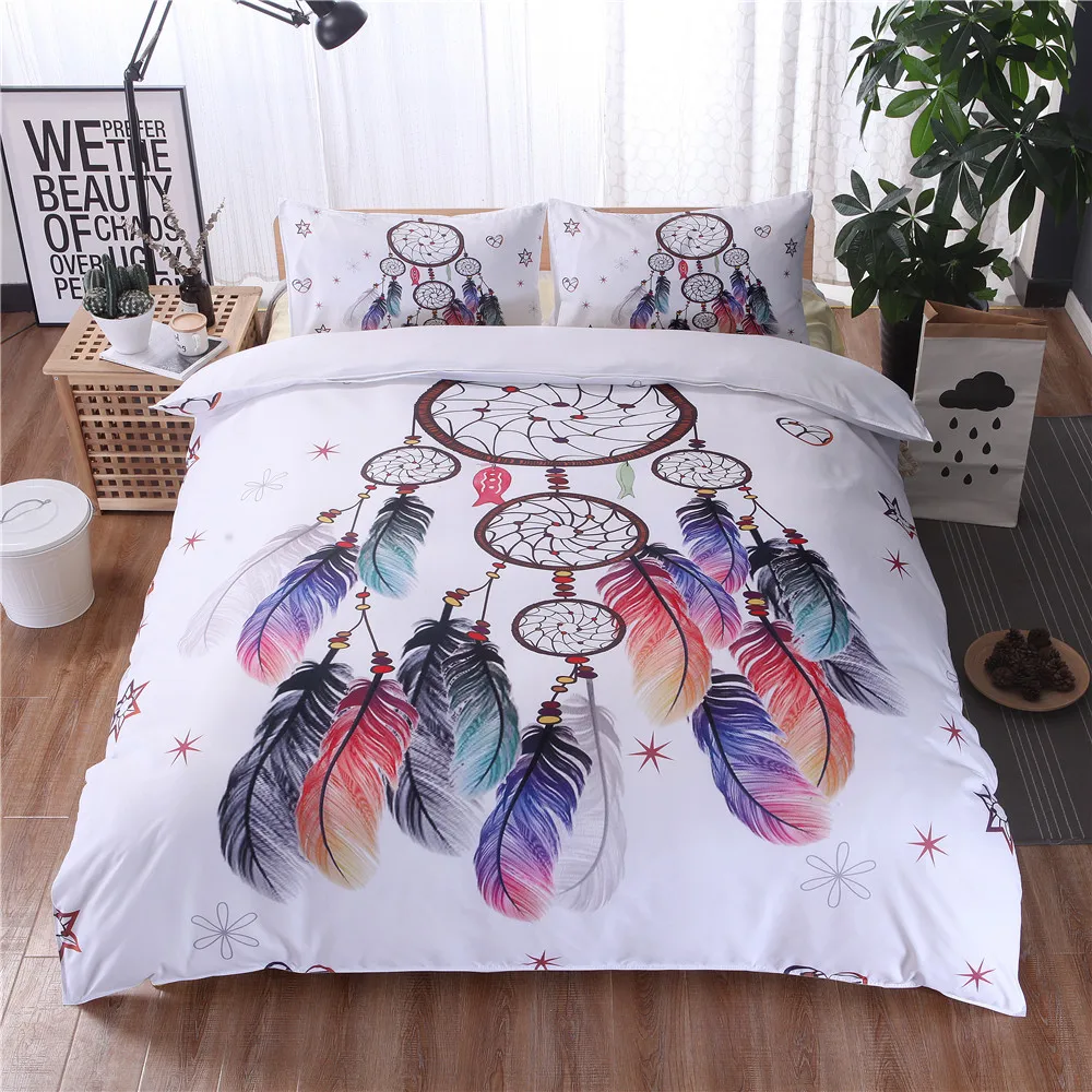 Feathers Print Duvet Cover Set 2 3pcs Dreamcatcher Bedding Set