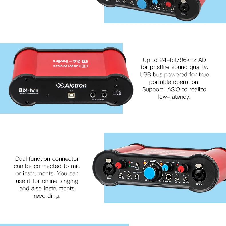 Alctron U24TWIN двойной 2 канала внешняя звуковая карта Компьютер Сотовый телефон звуковая карта с USB портом