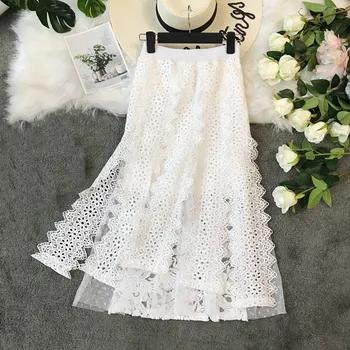 

2019 Women Beach Summer Mesh Polka Dot Skirt Hight Waist Maxi White Lace Skirt Sexy Long Skirt