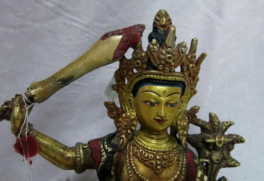

9" Tibet old bronze gild calaite sculpture Manjusri Kwan-yin Bodhisattva Statue